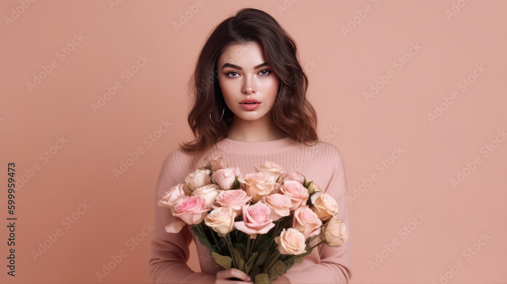 Beautiful girl with flowers. Illustration AI Generative.