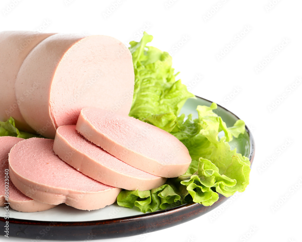 Plate with tasty sliced boiled sausage on white background, closeup