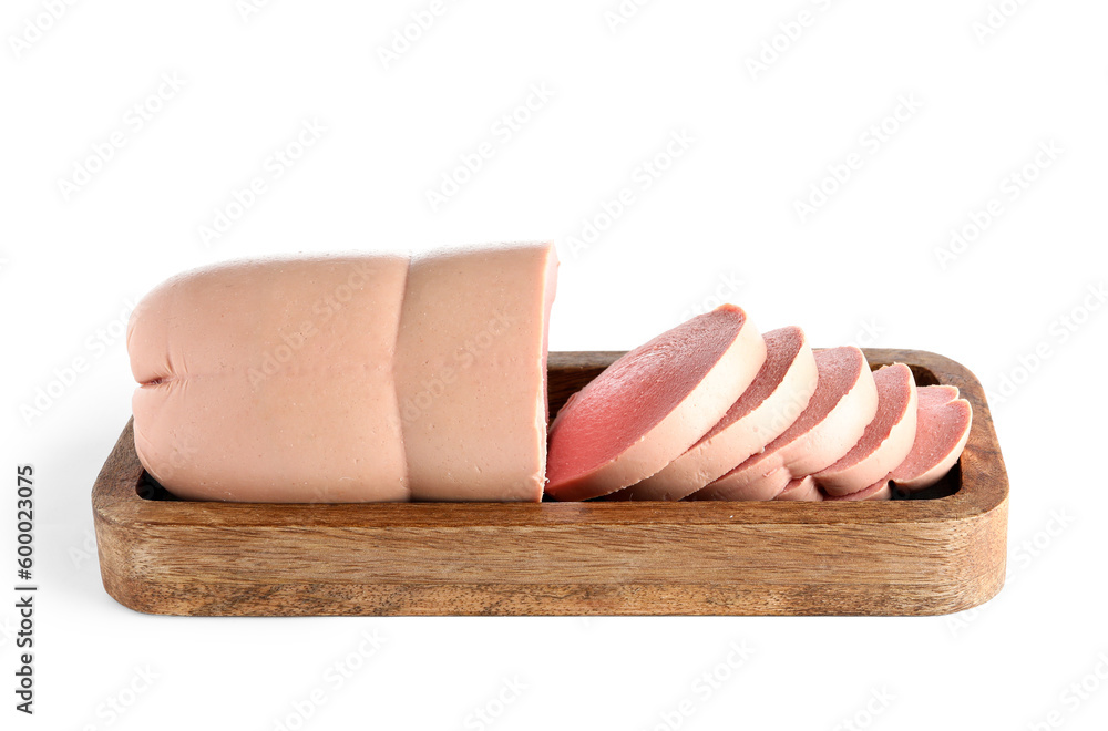 Wooden board with tasty sliced boiled sausage on white background