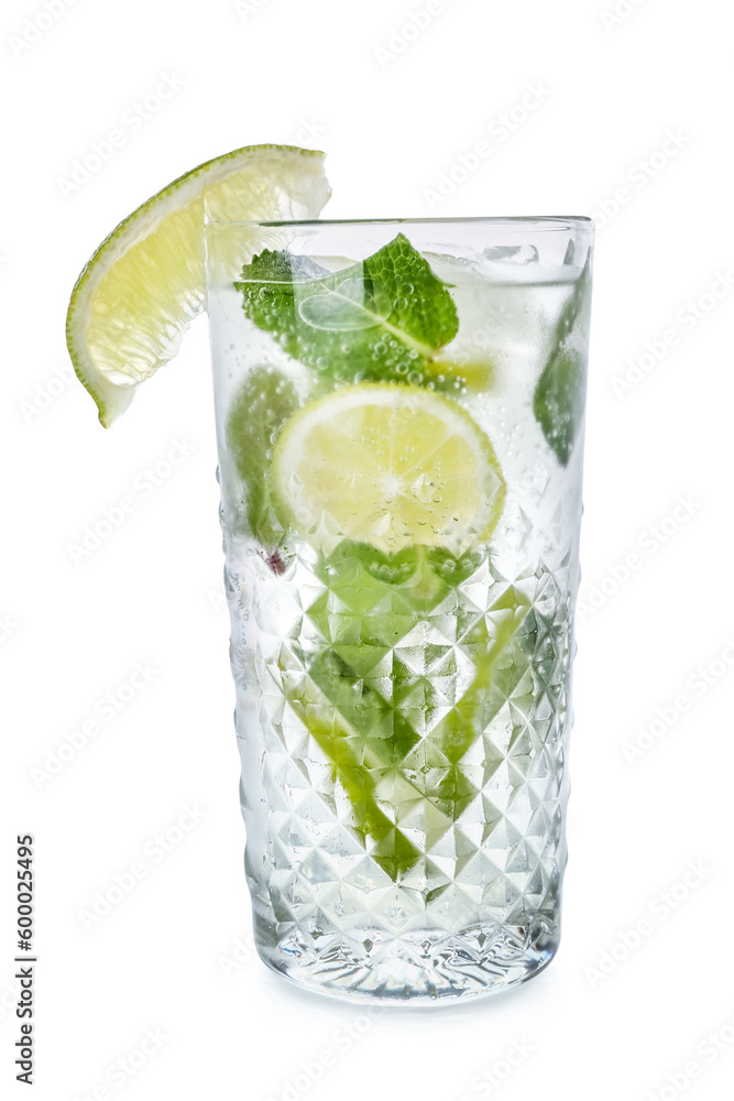 Glass of tasty mojito and ingredients on white background