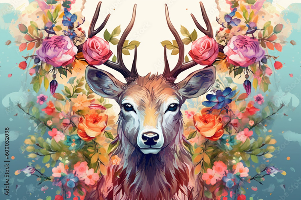 abstract style of drawing colorful flowers wall digital art with deer.  modern wall decor on light b