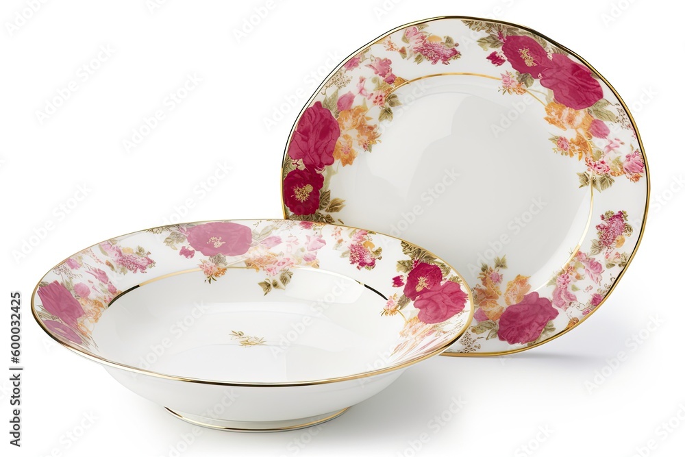 white bowl with pink and red flowers on it Generative AI