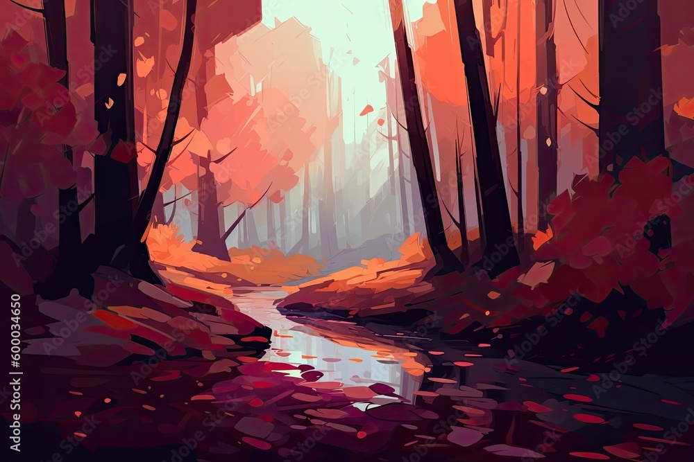 serene stream flowing through a lush green forest landscape Generative AI