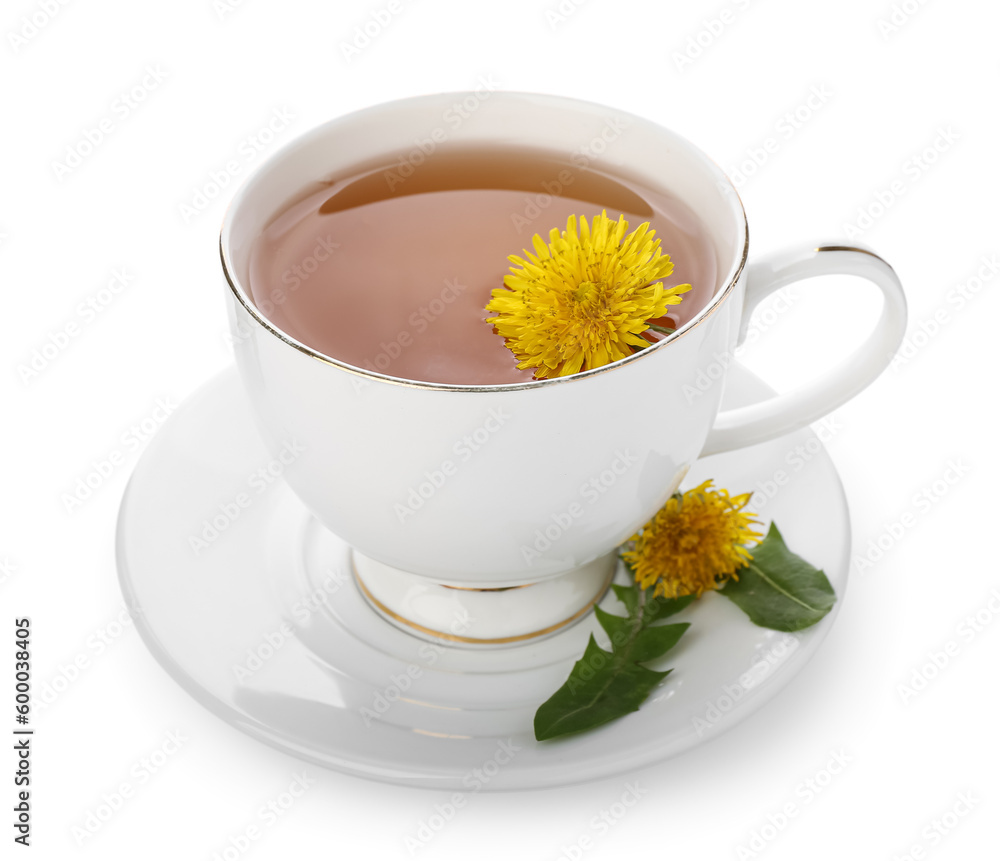 Cup of healthy dandelion tea on white background