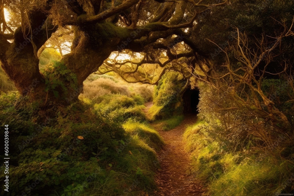 serene forest trail surrounded by lush greenery Generative AI