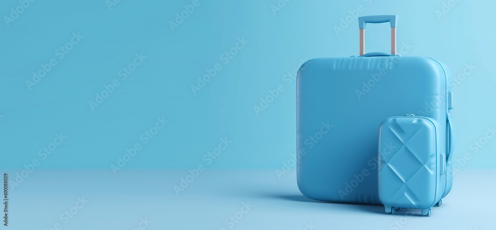 Blue travel suitcase with wheels, on blue background. Trip concept. Generative AI