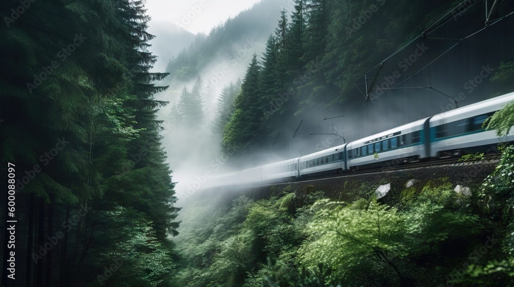 Speed passenger train moving in the mist mountains covered with forest. Generative AI