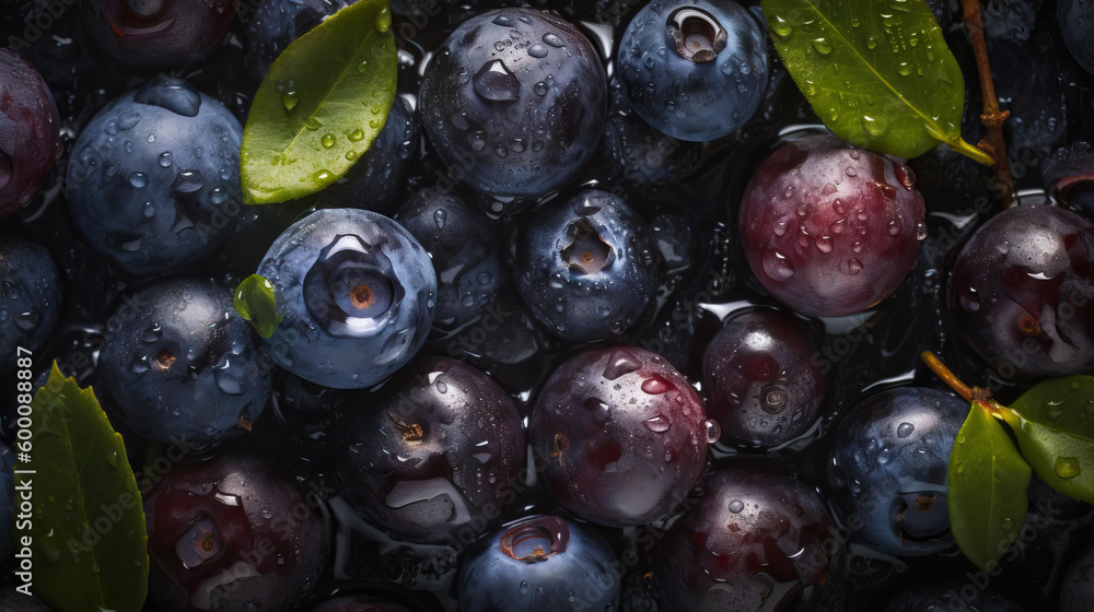 Fresh ripe huckleberry with water drops background. Berries backdrop. Generative AI