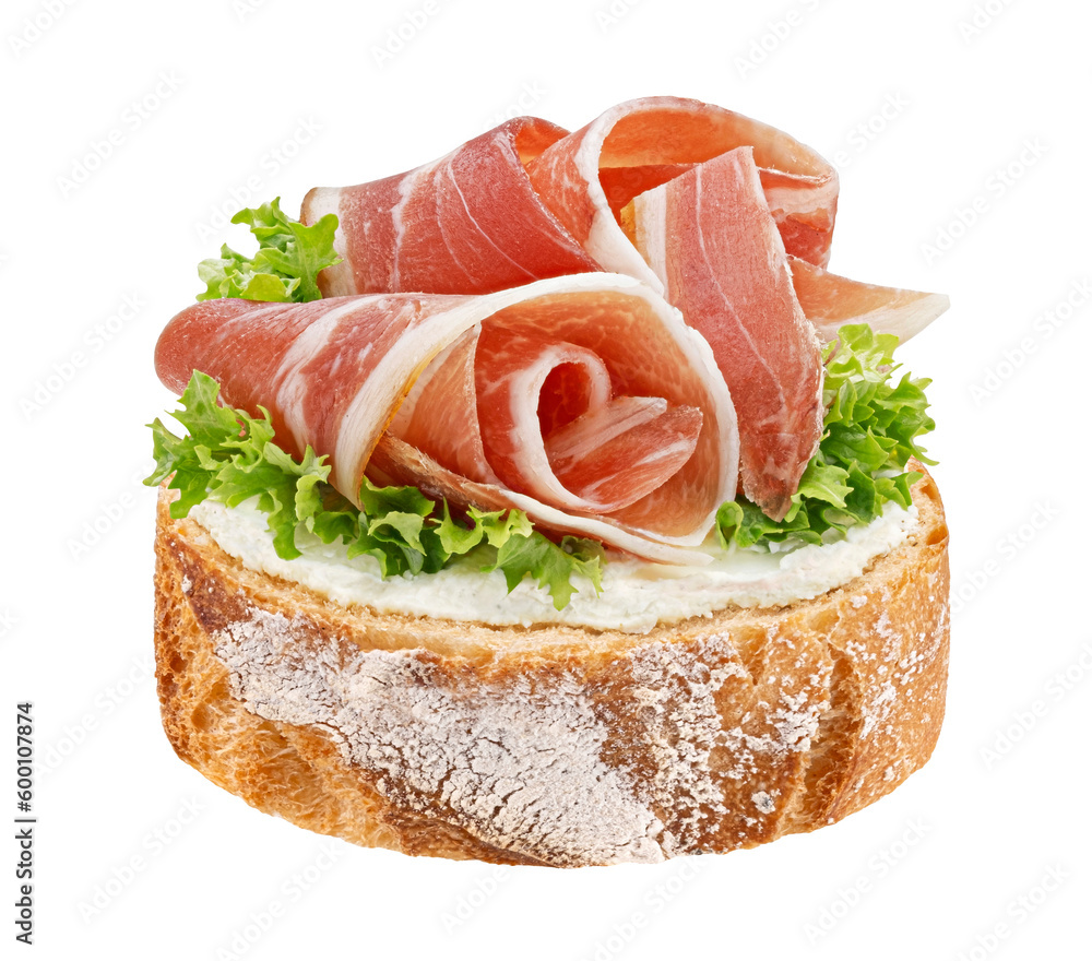 Baguette slice with smoked bacon rolls isolated on white background