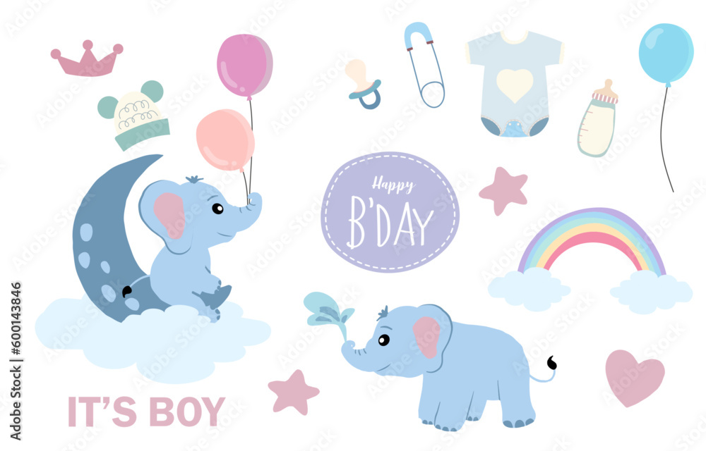 Baby elephant object with star,heart,rainbow for birthday postcard