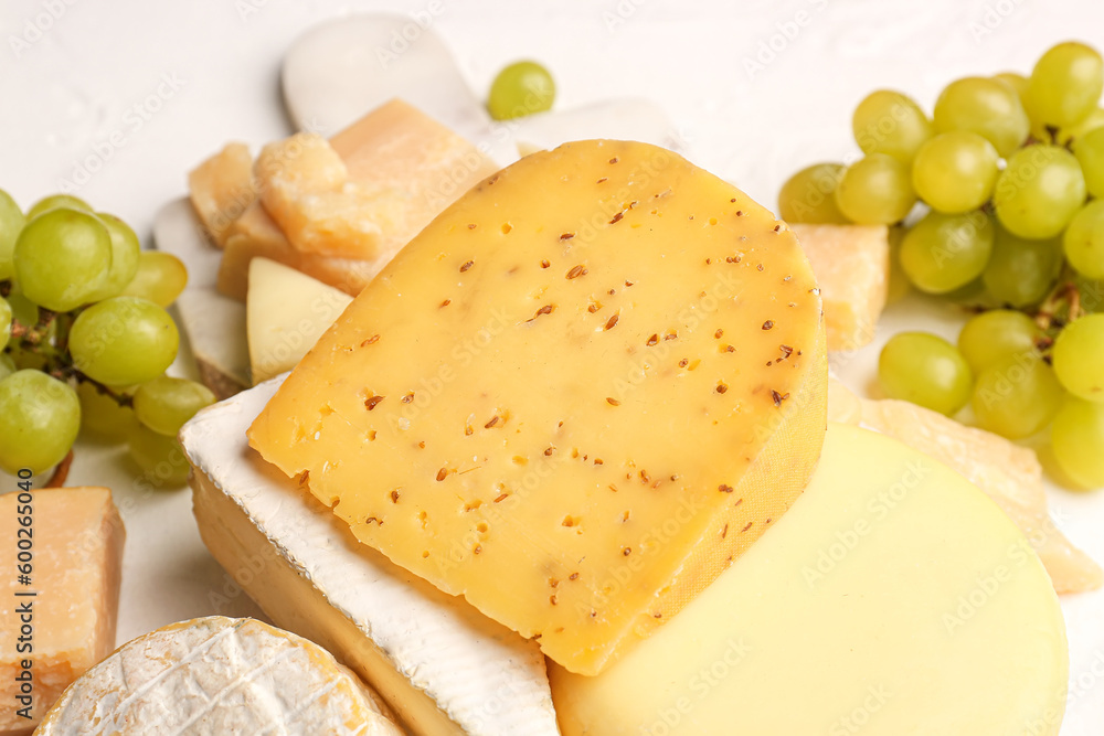 Different types of tasty cheese on light background, closeup