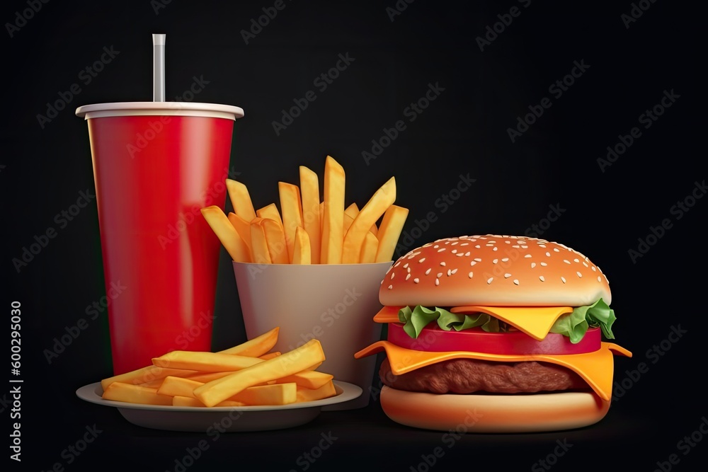 classic fast food meal consisting of a hamburger, fries, and a drink on a black background Generativ