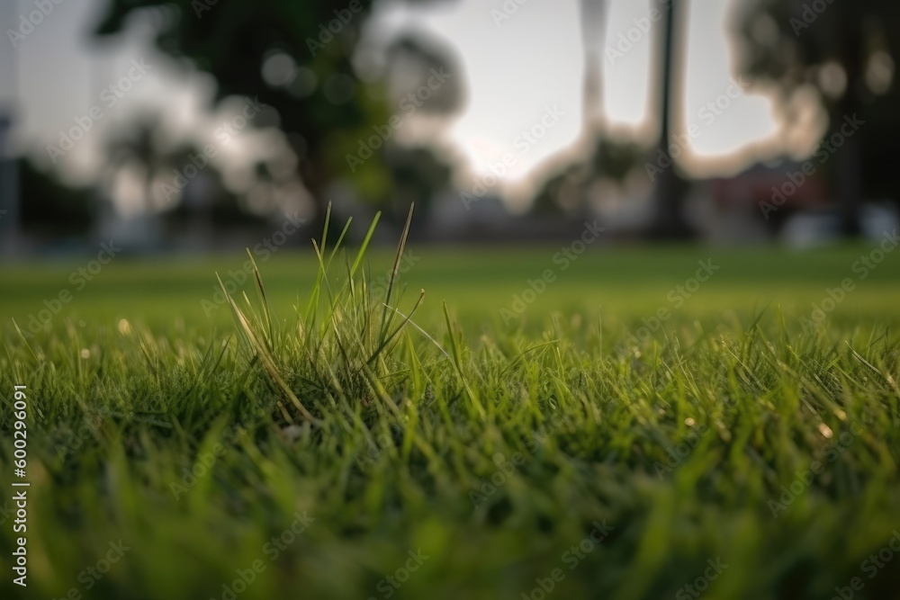 serene grass field with majestic trees in the distant background Generative AI