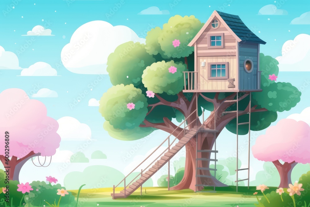 cozy tree house nestled in a vast field of greenery Generative AI