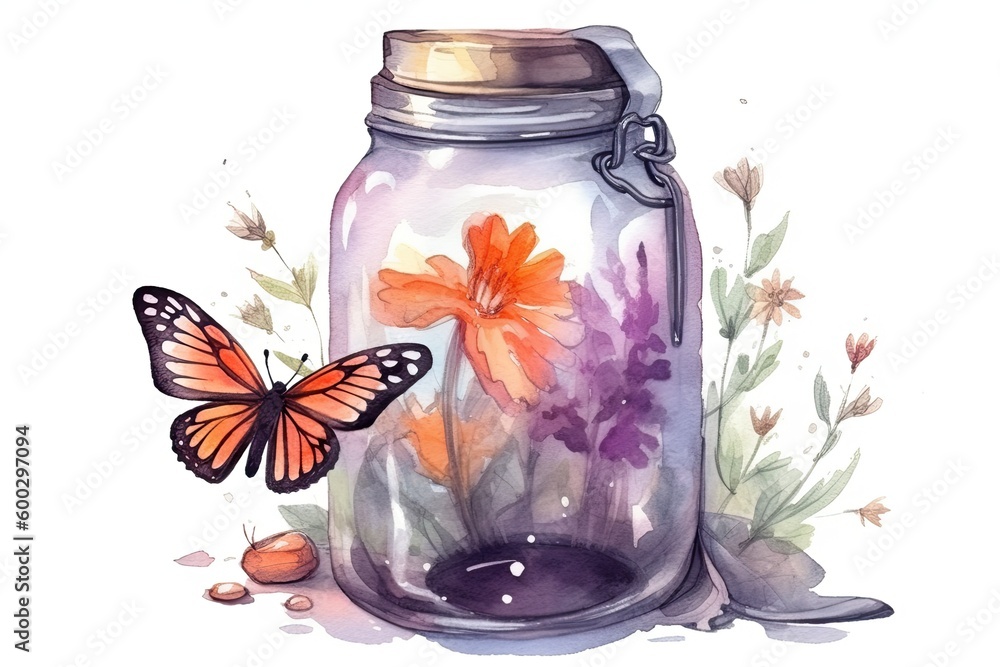 colorful jar filled with vibrant flowers and a delicate butterfly Generative AI