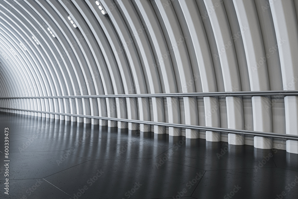 Perspective view on abstract spacious hall area with empty dark grey concrete floor with place for c