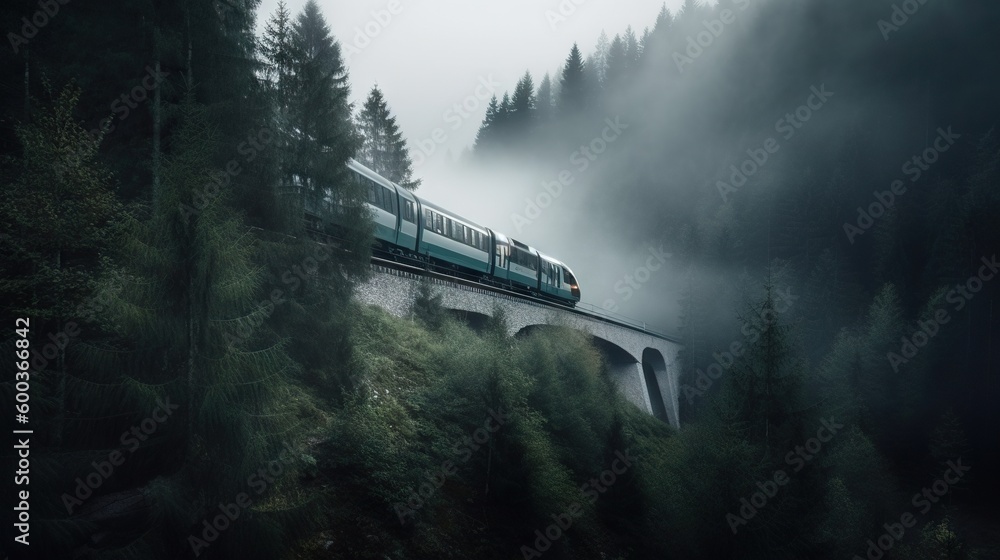 Speed passenger train moving in the mist mountains covered with forest. Generative AI