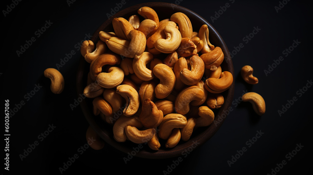 Cashew nuts in a bowl on dark background. Healthy snack concept. Organic cashew. Generative AI