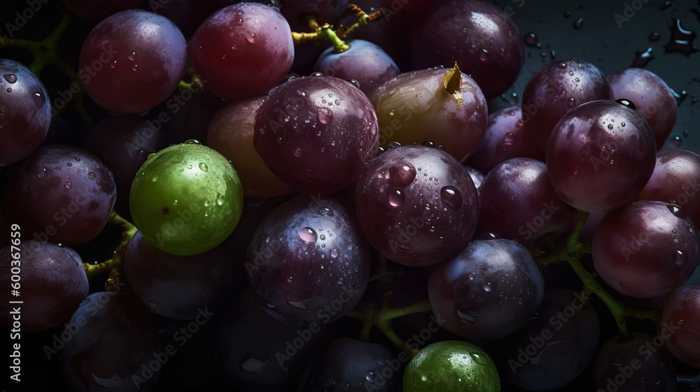 Fresh ripe grapes with water drops background. Berries backdrop. Generative AI