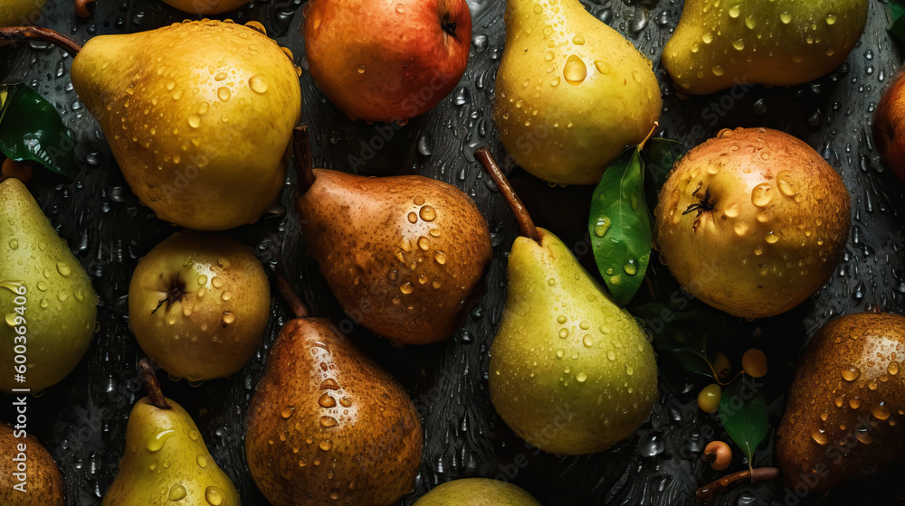 Fresh ripe pears with water drops background. Fruits backdrop. Generative AI