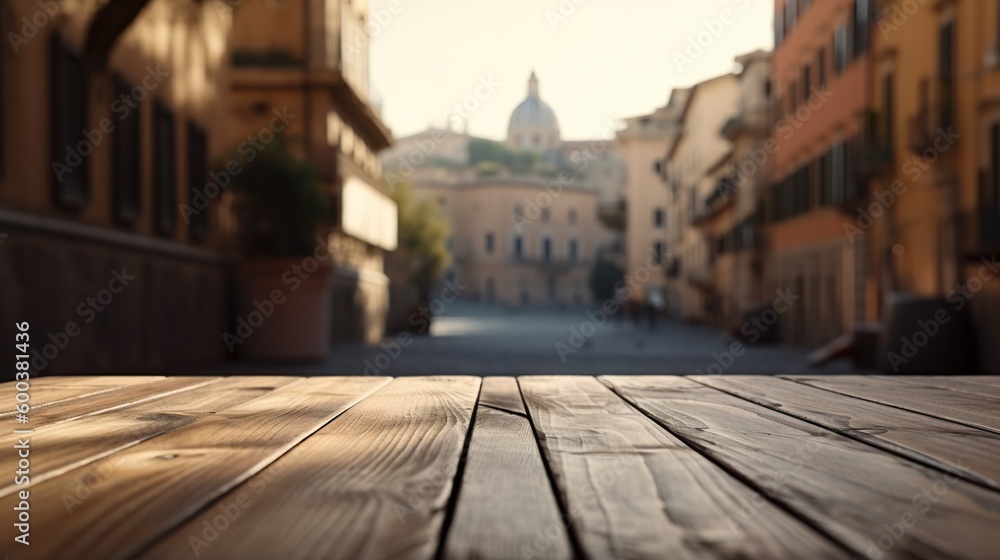 Wood table mockup with Rome city street in shallow depth of field. Copy space for product. Generativ