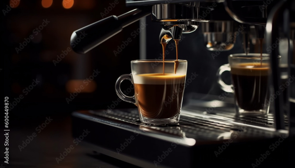 Barista pours fresh, scented espresso into mug generated by AI