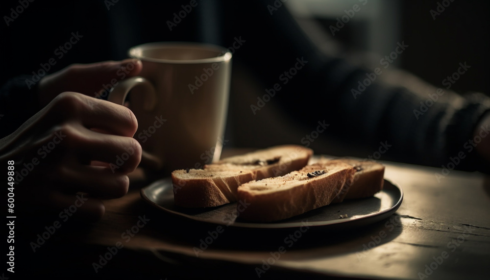 Hand holding toasted bread on rustic table generated by AI