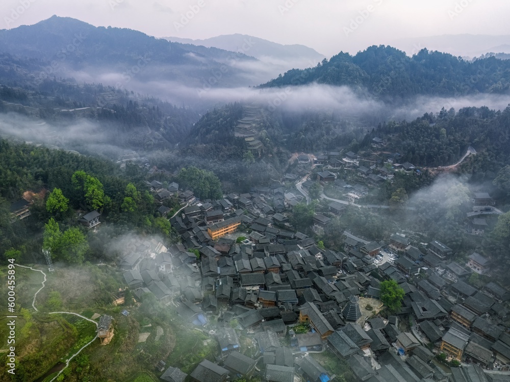 The old village under cloud sea. Dali Dong village in Rongjiang county, Guizhou, China.