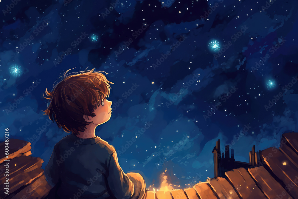 Little boy looking at the starry night sky