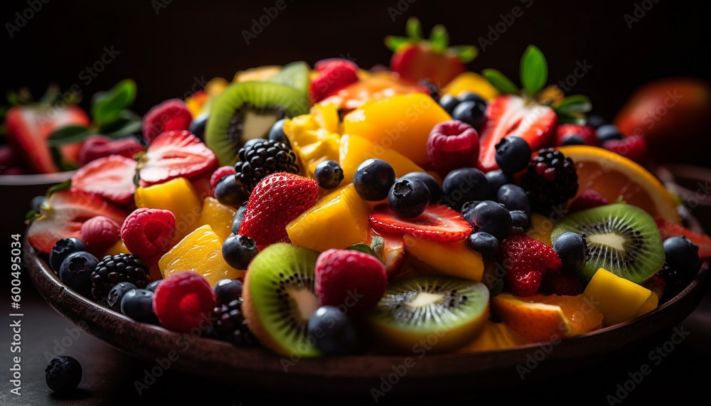 Fresh fruit salad with blueberries, kiwi, and strawberries generated by AI