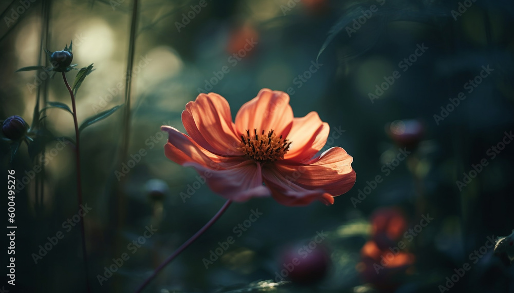 Vibrant cosmos flower in uncultivated meadow at sunset generated by AI