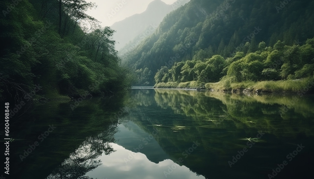 Tranquil scene of mountain reflection in pond generated by AI