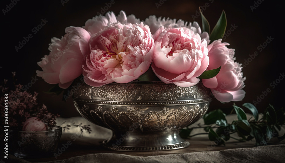 Romantic bouquet of pink peonies on rustic table generated by AI