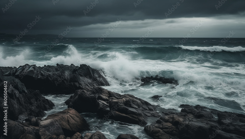 Breaking waves crash against rocky coastline, dramatic beauty generated by AI