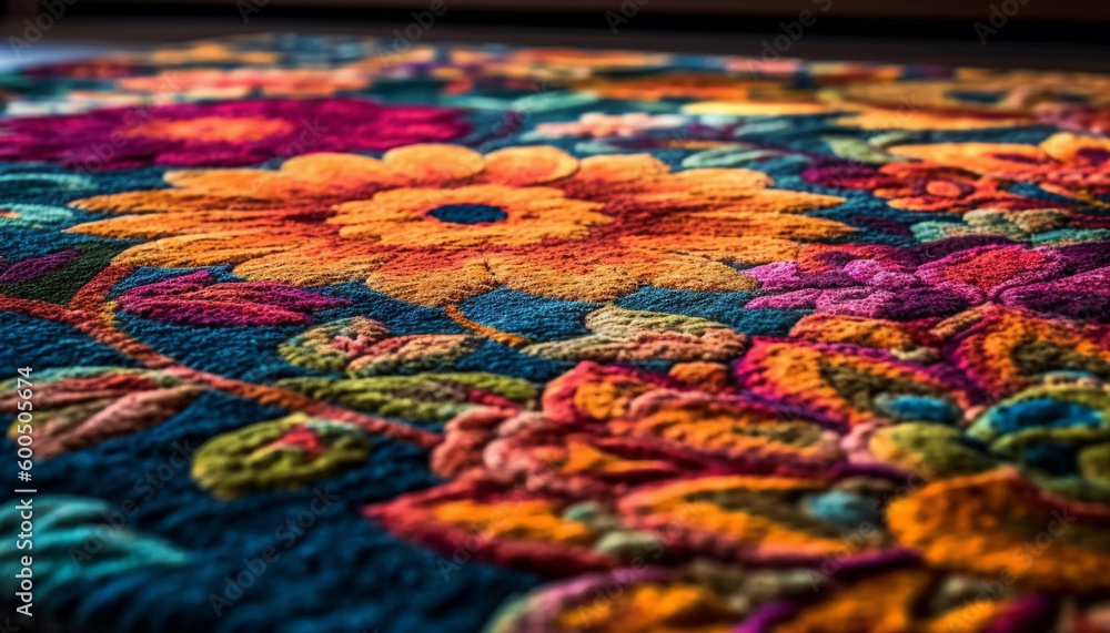 Woven wool rug with ornate floral pattern generated by AI