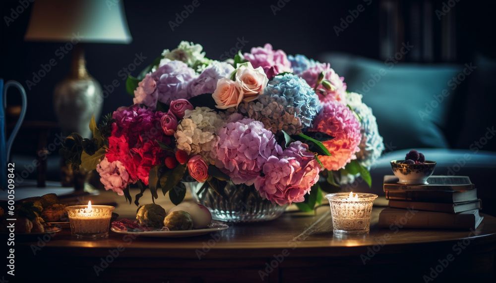 Rustic vase holds elegant bouquet of hydrangeas generated by AI