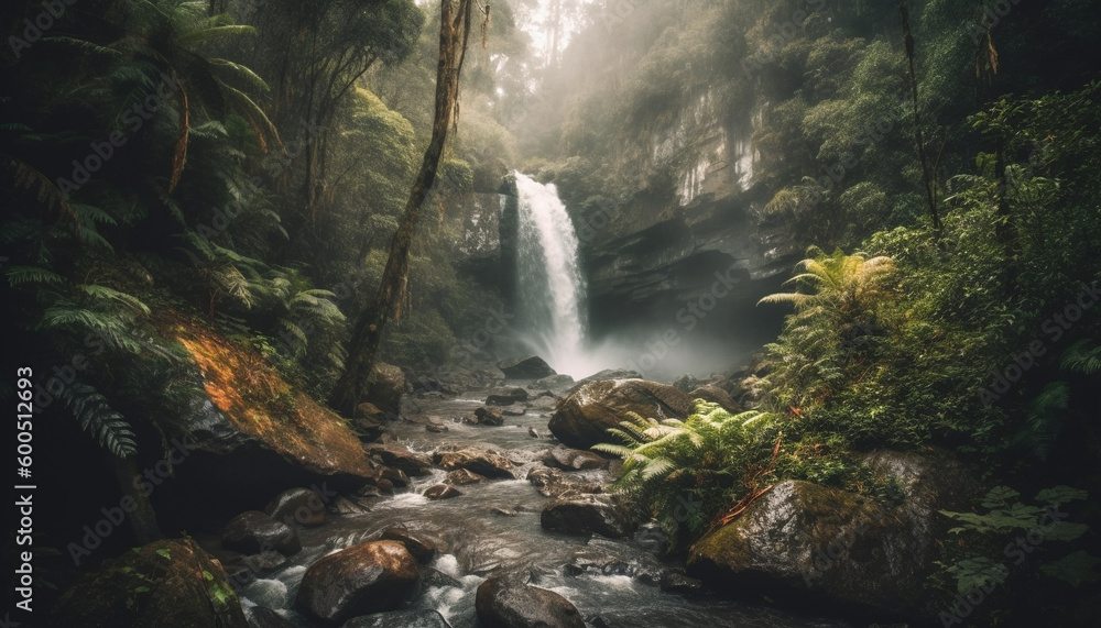 Tranquil scene of flowing water in forest generated by AI