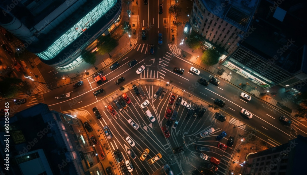 Nighttime traffic blurs through futuristic cityscape design generated by AI