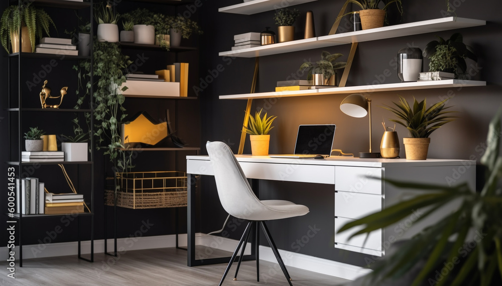 Modern office design with computer and plants generated by AI