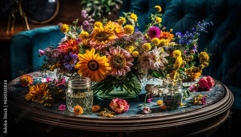 Rustic wood table with ornate vase arrangement generated by AI