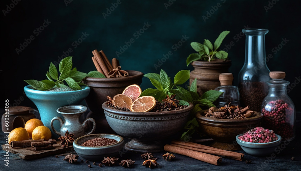 Fresh herbs and spices adorn rustic table generated by AI