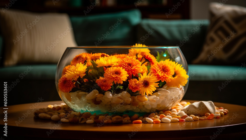 Yellow daisy bouquet in glass vase centerpiece generated by AI