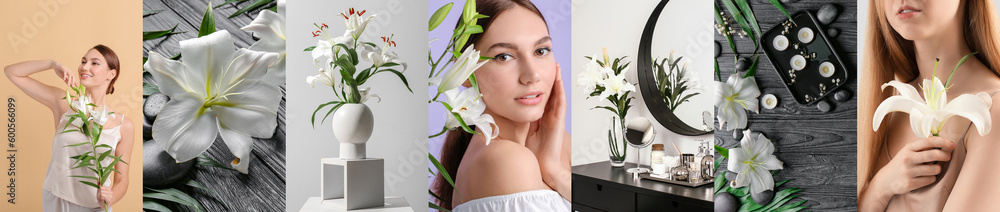 Collage of beautiful lily flowers with young women, spa stones, candles and beautiful interior