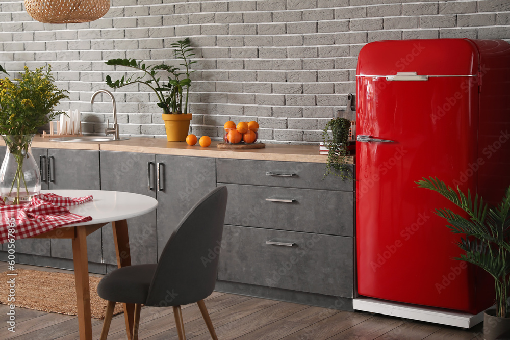 Interior of modern kitchen with stylish refrigerator