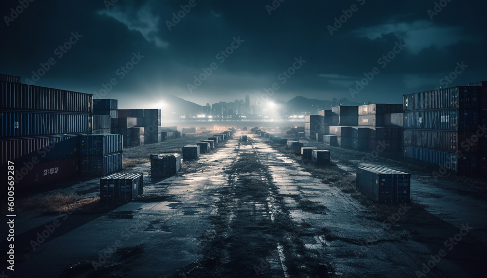 Heavy steel cargo containers stacked at night generated by AI