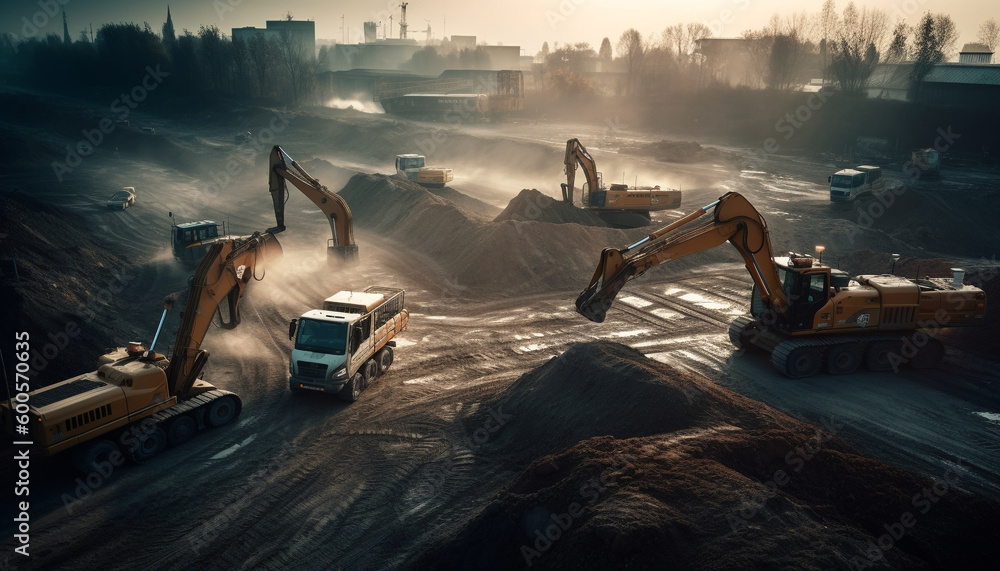 Large yellow bulldozer digging dirt on construction site generated by AI