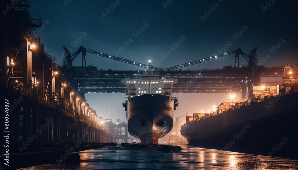 Large container ship unloading at commercial dock generated by AI