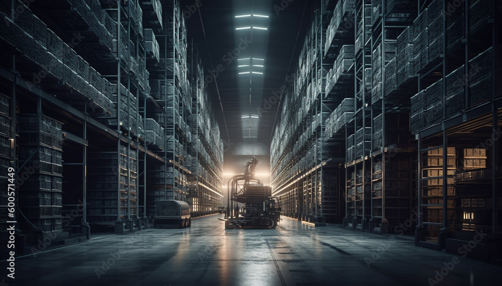 Blurred motion of freight transportation in warehouse generated by AI