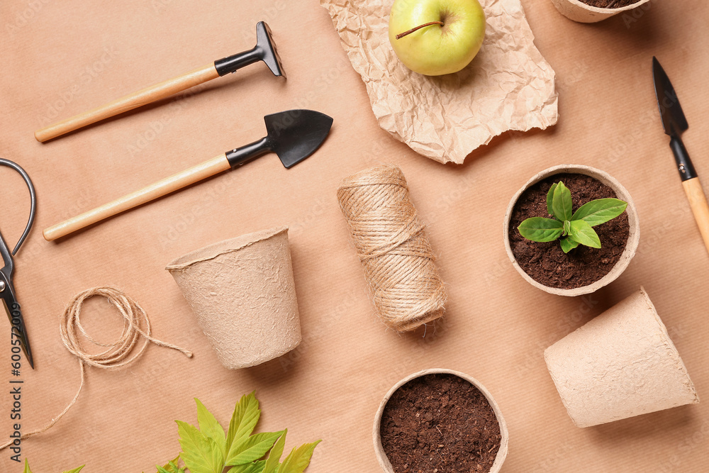 Peat pots with seedling and different gardening tools on beige background