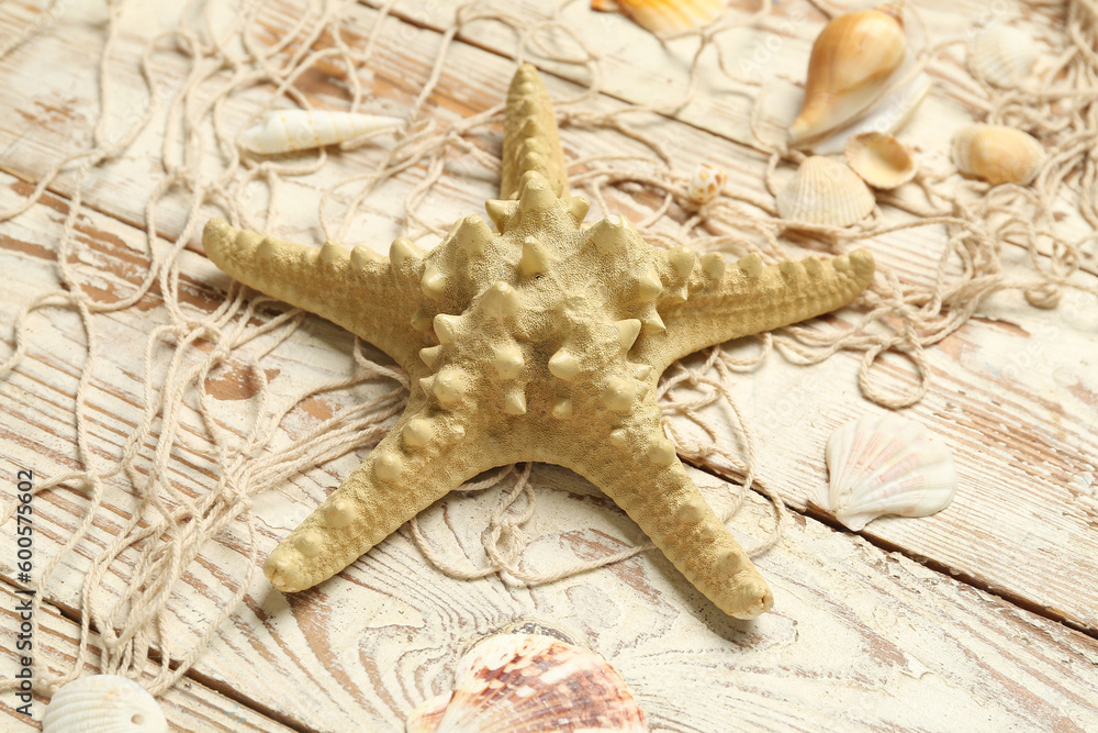 Beautiful starfish with seashells and net on light wooden background